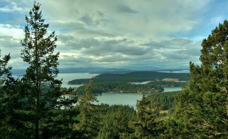 Garrison Bay, Delacombe Point, Henry Island, Sydney Island, and Vancouver Island (near to far) looking northwest from the Young Hill Overlook.