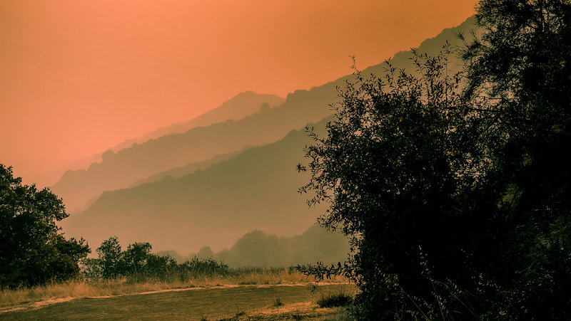 Sunrise coloration reflected off smoke particles blown to the Bay Area from the Paradise wildfire.