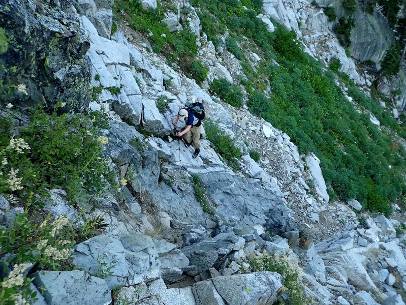 Climbing up the steep scramble trail to the lake.