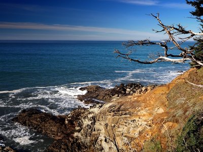 Where the bedrock of Cape Sebastian is exposed to the sea