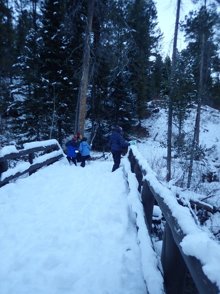 Walking through the snow looking at frozen creek.