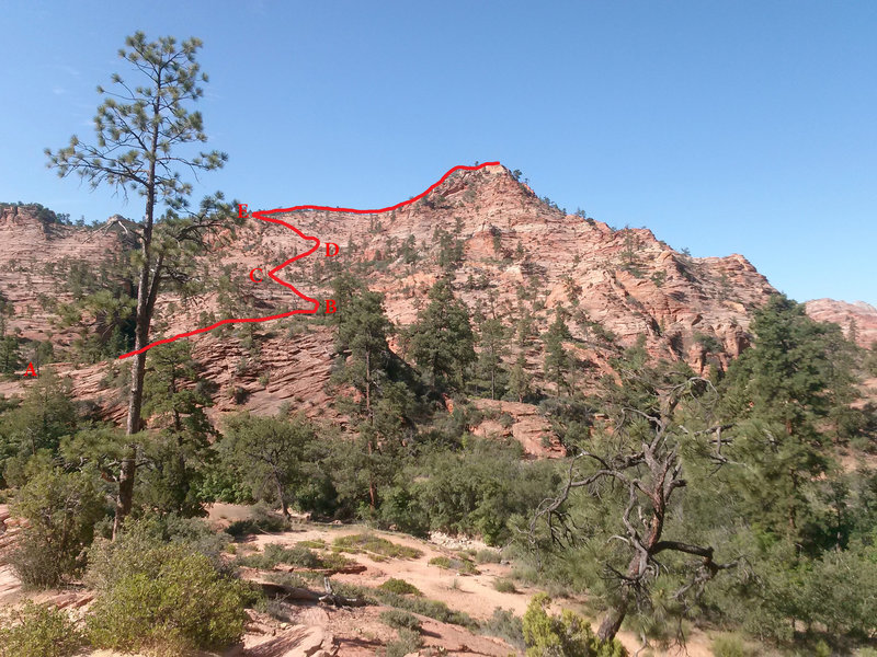 Panorama Point from the parking area, showing the described route to the top.