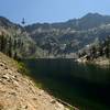 The notch (arrow) above the east end of Big Blue Lake (view dimmed by wildfire smoke)