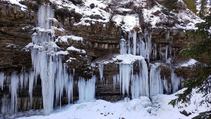 Ice on cliff faces.