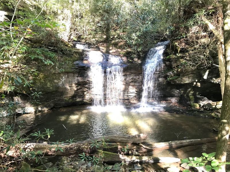 Confusion Falls, shortly down river from Moonshine Falls (left Falls here), is unique in that it is made up of 2 water sources almost looking like 1 falling into shallow pool. Spend a little time to enjoy, looks like many have. Use same path out, easier.