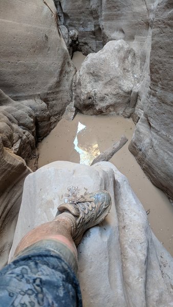 This double pool is the only significant obstacle in the gorge. This is about a week after a rainstorm, perhaps it dries out sometimes. Note the rope to get down the second fall.