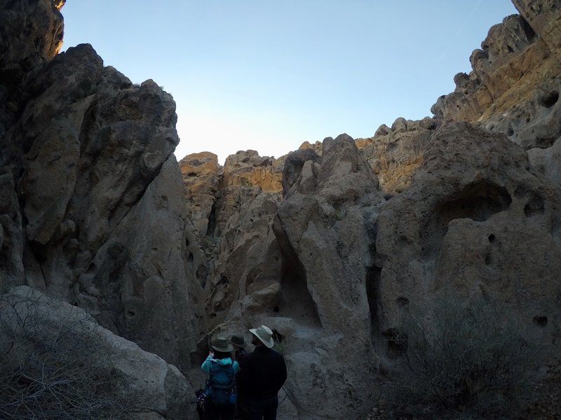 Looking up at the scraggly canyon walls.