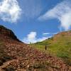 Climbing up through the notch to the alpine plateau