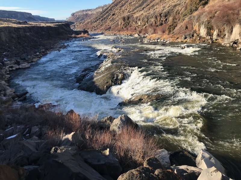 A view of Auger Falls from the Auger Falls Trail. The falls temporarily shifts the direction of part of the river by 90 degrees, like an auger