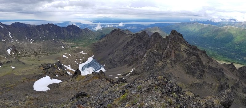 View from Temptation Peak looking north with Ship Creek to the right and Snowhawk valley to the left.