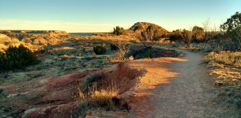 On the Palo Duro Canyon rim, approaching views overlooking the canyon, on Triassic Trail.