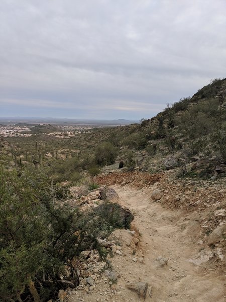 About 2/3 way through the hike, at about 1/4 the elevation. Trail goes from gully w/small rocks (here) to a little steeper with larger rocks, pretty quick.  The modestly steeper section is only about 400m of hike.