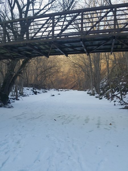 Walking Under a Bridge on Frozen Seven Mile Creek.