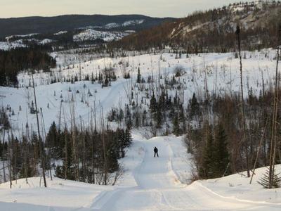 Skier on Upper Deck approaching McLean Lake Trail.