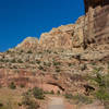 Capitol Gorge Road from the Capitol Gorge Trailhead. The trail to Golden Throne hugs the right side of the canyon and ascends steeply.