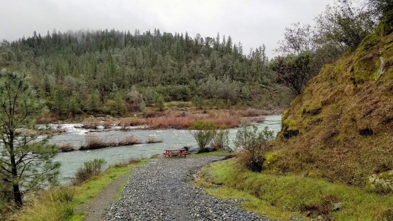 Perfect river side picnic bench at Oregon Bar, right below the Cardiac and Bypass trails.