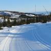 On Bohemian Trail looking down towards lower Birch Brook Trails. Find Upper Deck. Snowshoe trails E3 and D6 cross over that knoll. Lynx Trail follows the valley in front. Find Melville Lookout. Birches Run at the base is crossed by snowshoe trail D7.