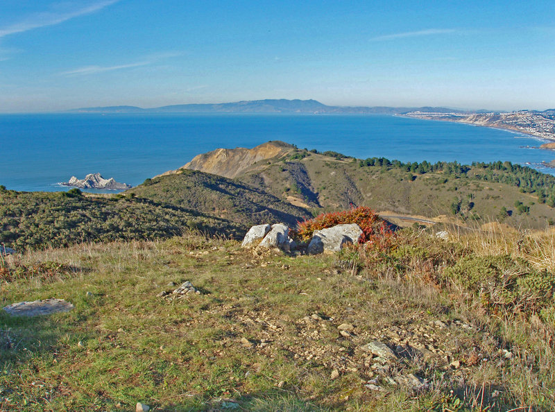 Left center: San Pedro Rock. Center: Pedro Point Headlands; Upper Center: Mt. Tamalpais; Upper right: Pacifica, Daly City and the Sunset district