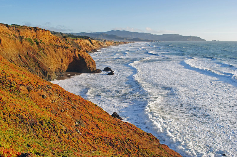 Pacifica bluffs to Montara Mountain from below the Mussel Rocks parking area