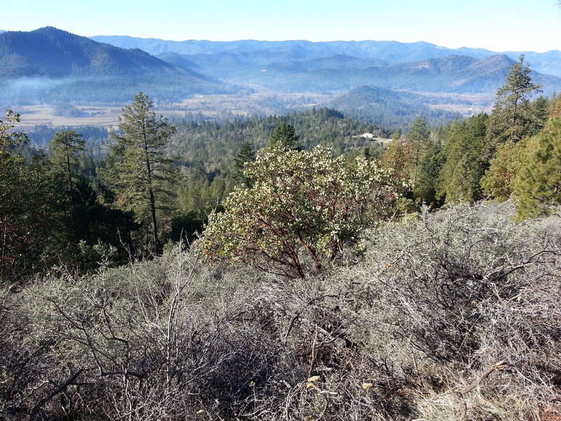 The view from the western face of Bolt Mt. From here you can see the bridge (currently under construction) crossing the Applegate River and allowing access to Redwood country.