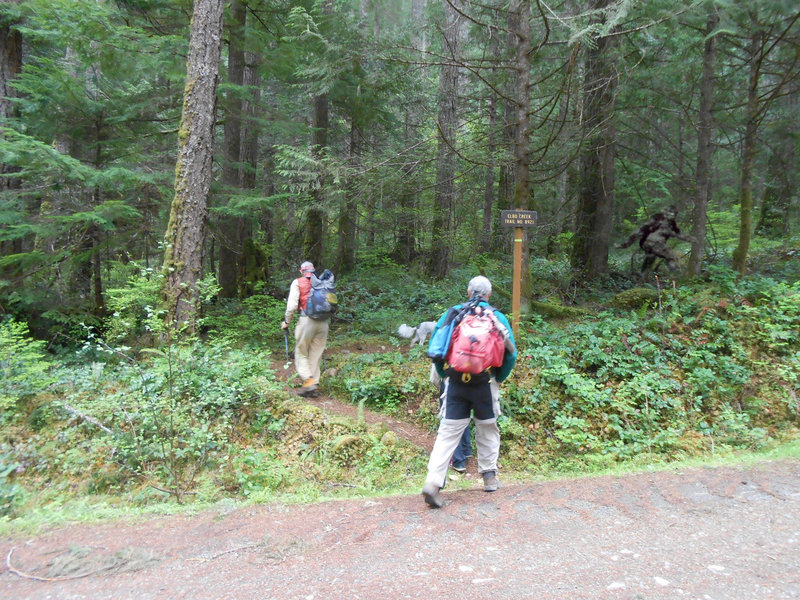 Hikers at trailhead of Elbo Creek