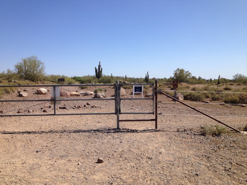 Gate at the south entrance to Desert Foothills Land Trust preserve. Turn right after the gate and follow Town of Cave Creek Trail signs