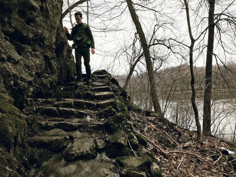 Coming down the old stone steps headed north on Cedar Cliff Trail