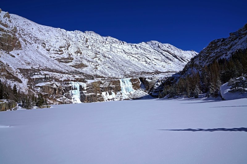 Willow Lake (main lake; a smaller one is higher up) in February, 2018. Notice that the waterfalls freeze in vivid colors, blues and greens.