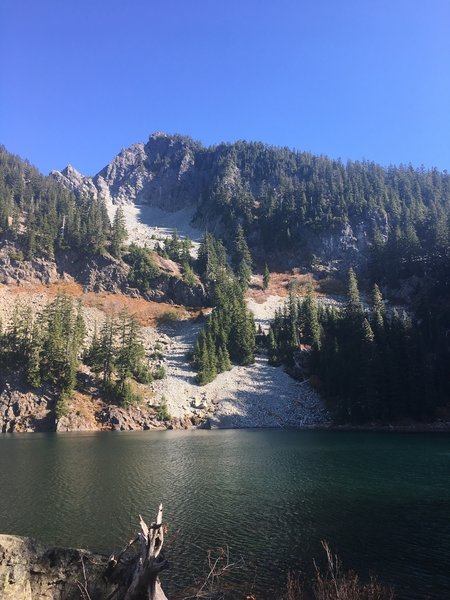 On the shores of Melakwa Lake, at the end of the Pratt River Trail.