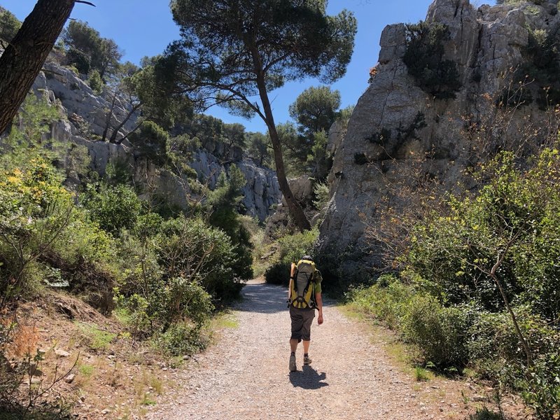 Towards the bottom of the canyon where the walls narrow.