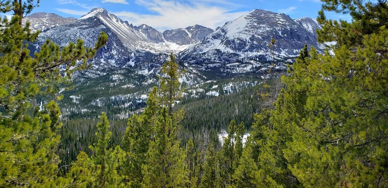 View of Glacier Gorge and Longs Peak from the trail