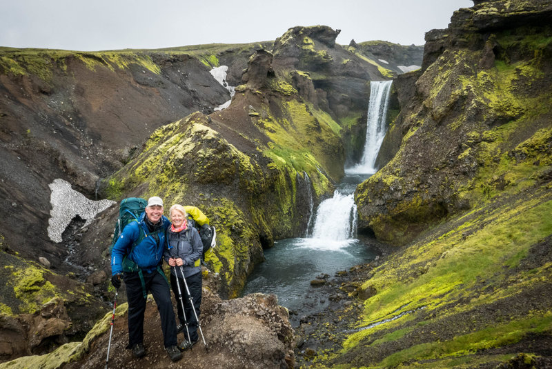 One of the first waterfalls on the way down to Skogafoss is one of the best. Probably 25 different falls on the way to the big one.  Each one unique.  This is a must-do section of the trail and can be easily hiked from Skogafoss.