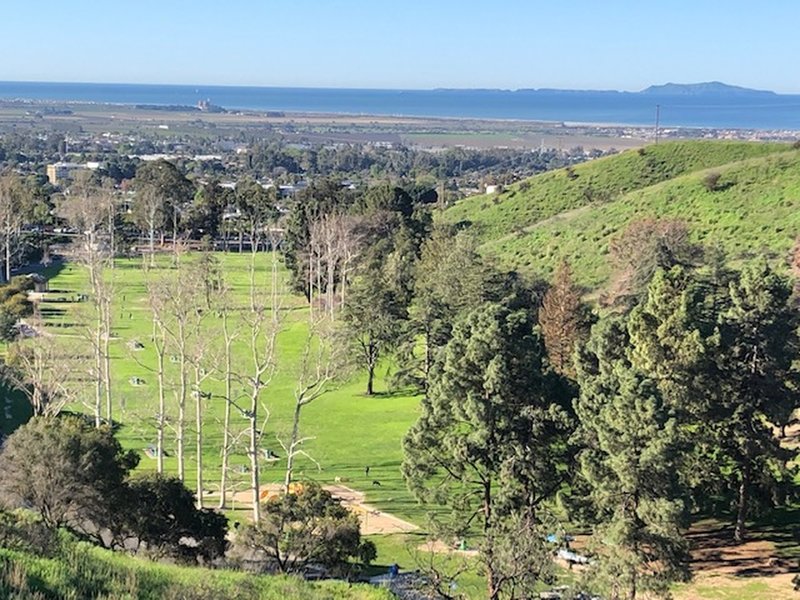 The view of Arroyo Verde Park from the back trail. The Pacific Ocean and Anacapa Island are in the distance.