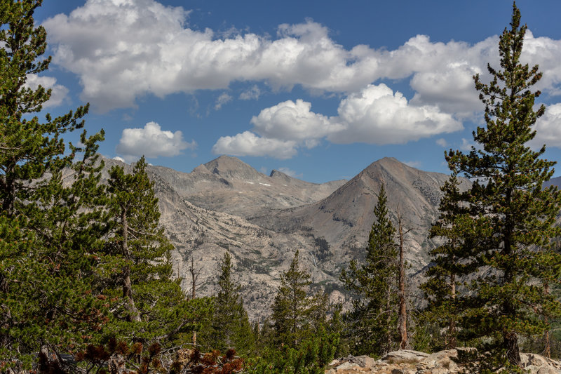 Pyramid Peak through the trees on the John Muir Trail.