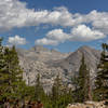 Pyramid Peak through the trees on the John Muir Trail.