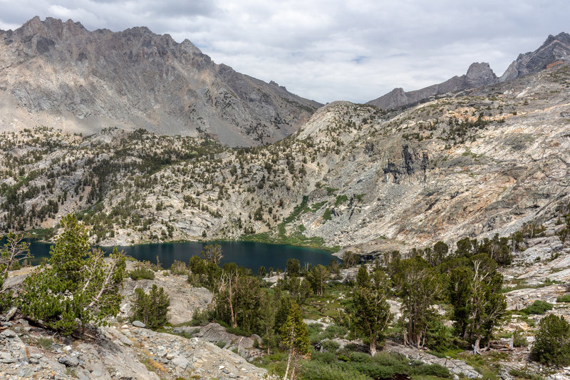 The last view of Upper Rae Lake from the ascent to Glen Pass.