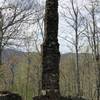 Shuckstack Fire Tower lookout cabin ruins, only a chimney and part of the footer remain.