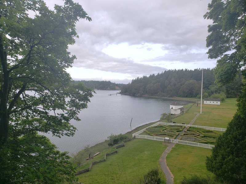 View of garden, blockhouse and beachline of English Camp coming down from the old Commanders House location.