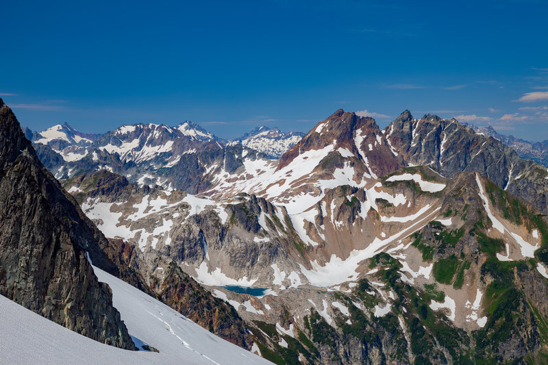 Looking South from Dana Glacier; White Rock Lkes, Sentinel and Old Guard, Le Conte, Spider Mountain and beyond, good viewpoint.