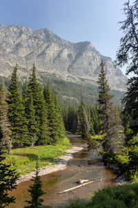 A very shallow stretch of the North Fork Cut Bank Creek with Bad Marriage Mountain hovering above.