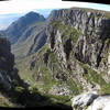 Looking down Plateklip Gorge from one of the overhanging cliffs. Devil's Peak and portions of the Contour Path also visible.