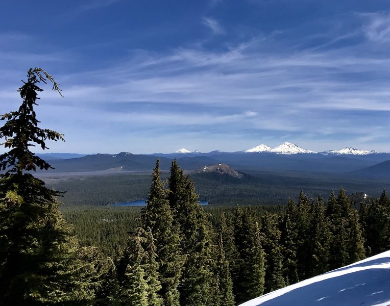 Rewarding view of Mt. Hood, Mt. Jefferson, Mt. Washington, and the Sisters.