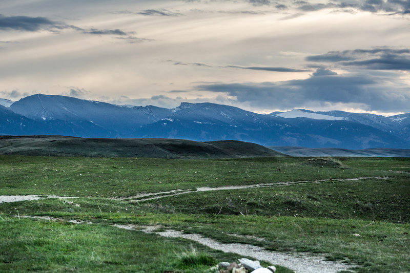 Soldier Ridge Trail looking west towards the snow-capped Bighorn Mountains in early spring.