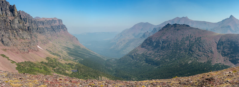 Panorama from the ridge leading to Two Medicine Pass. Sinopah Mountain on the left, Tainted Teepee Peak on the right.