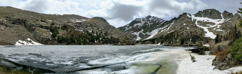 Panorama of South Crestone Lake, still covered in ice. Great view of Mt Adams, Challenger Point, and Kit Carson Peak (from left to right).