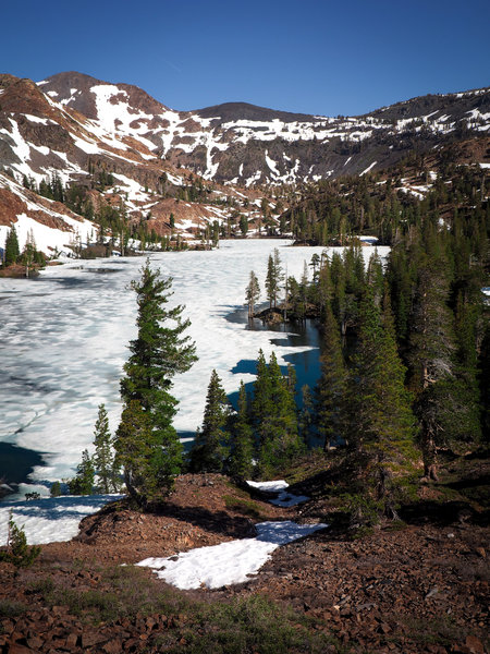 Looking towards Dicks Pass from a ridge above Susie Lake (frozen).