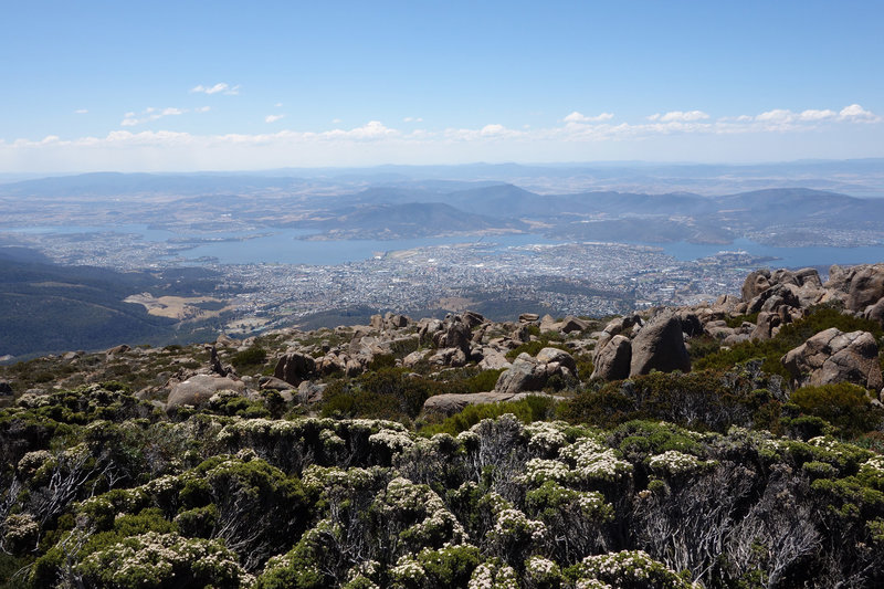 Hobart viewed from the top of Mount Wellington with the Tasman bridge just left of center