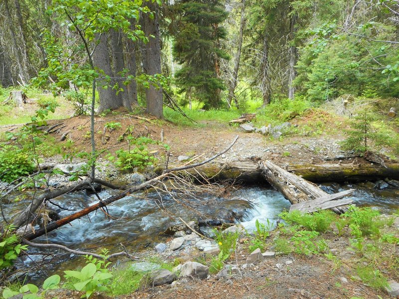 Sauerkraut Creek. The footbridge shown is currently being replaced. A campsite can be seen on the opposite side of the stream.