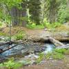 Sauerkraut Creek. The footbridge shown is currently being replaced. A campsite can be seen on the opposite side of the stream.