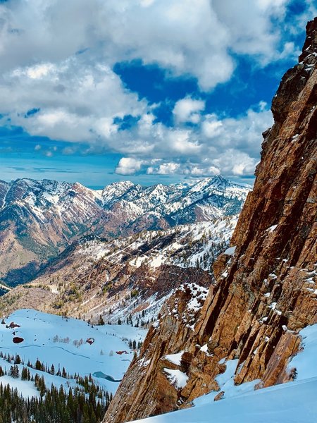 Nearing Sundial Peak, looking down on Lake Blanche, early summer